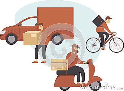 Courier deliver goods and food on a minivan car, scooter and bike to people during quarantine Vector Illustration